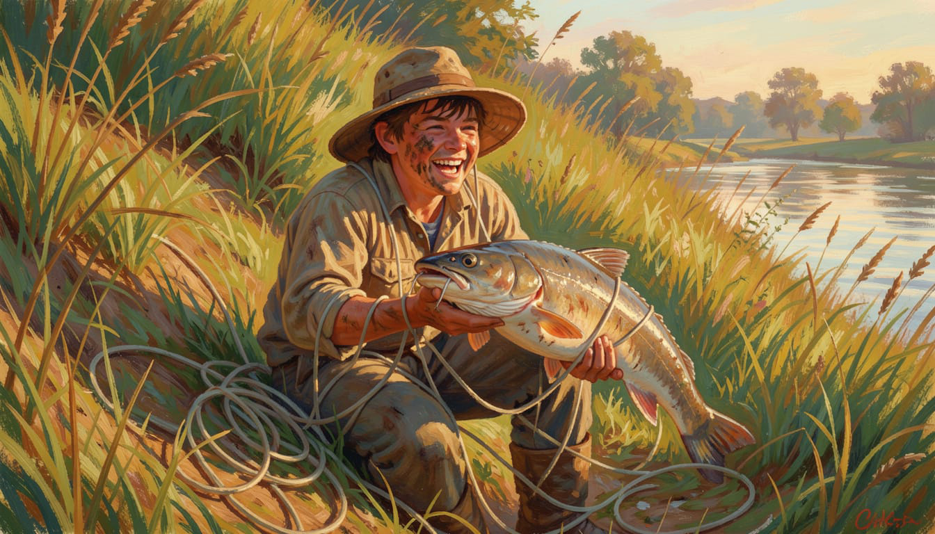 A young boy tangled in fishing line