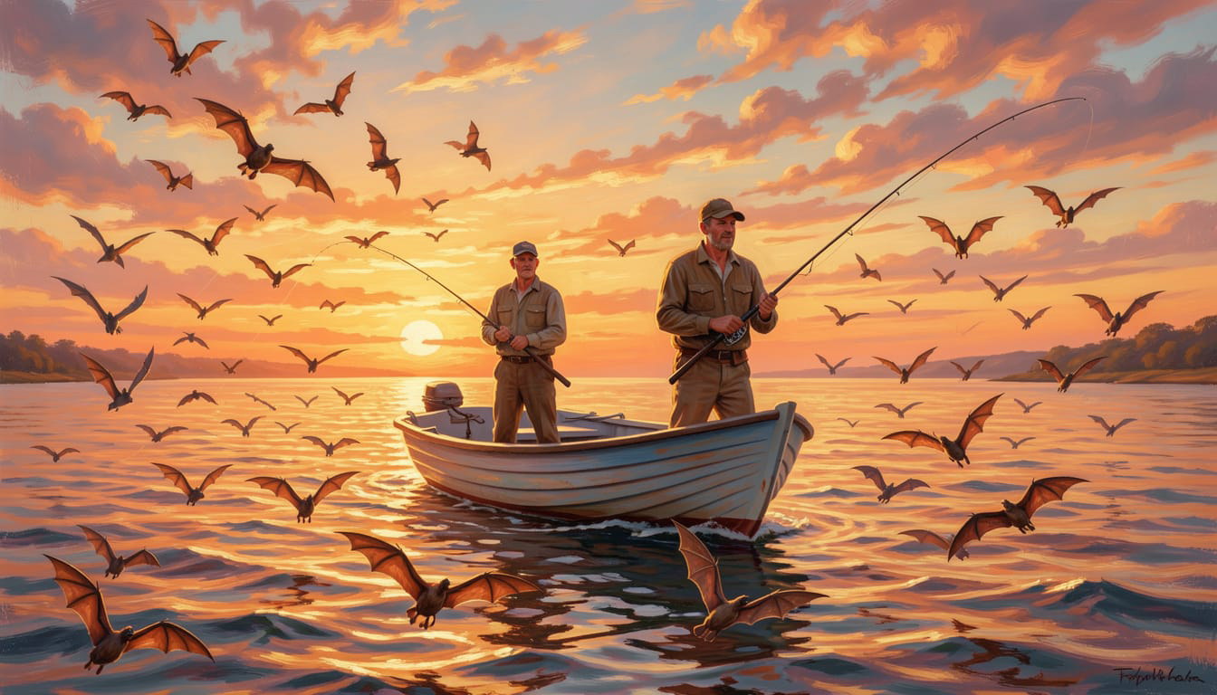 Two fishermen surrounded by hundreds of bats while bass fishing in northern Minnesota