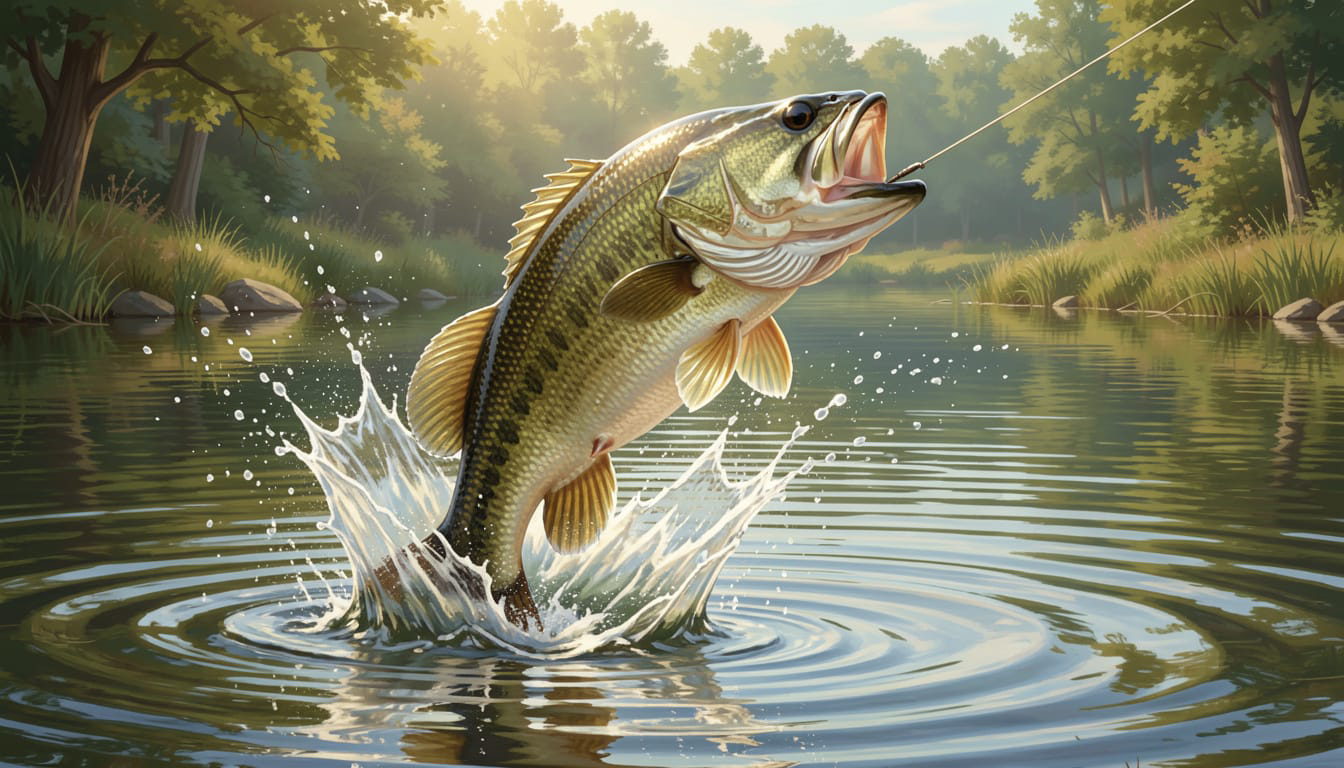 A largemouth bass jumping from the water with a fishing line and rod attached