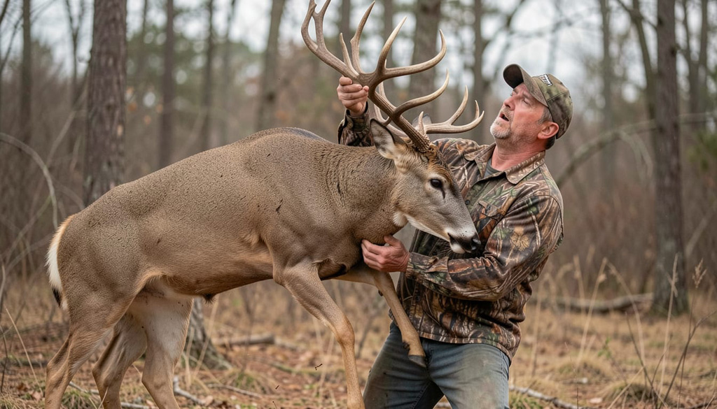Whitetail buck during a dangerous hunting encounter