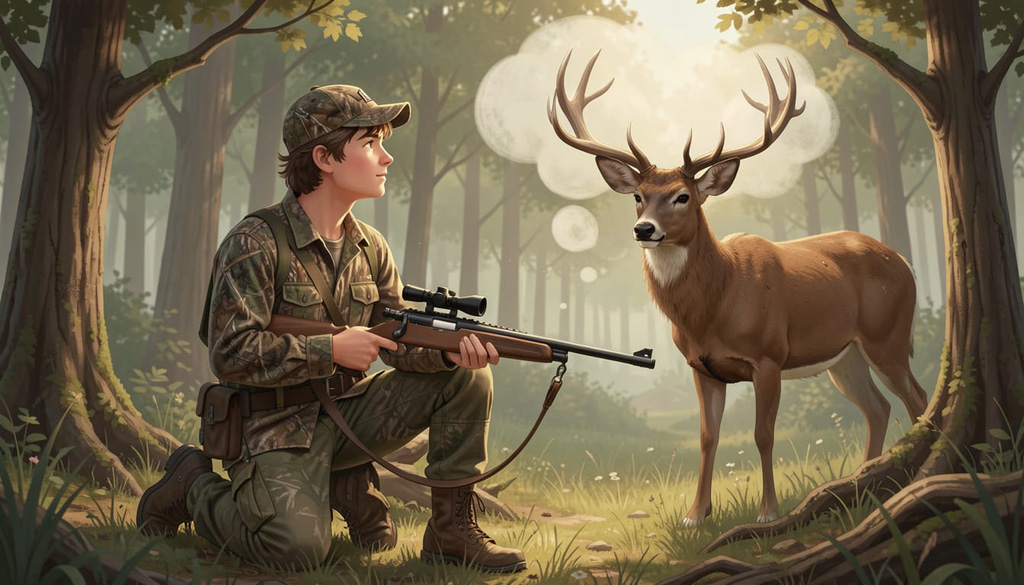 A young hunter with a rifle  in the woods dreaming about a big buck